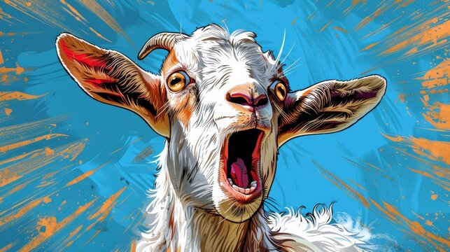   A painting of a goat with its mouth wide open