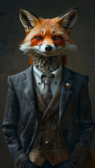 A portrait of a red fox wearing a suit and tie. The fox appears charmismatic and confident, and has it's hands in the pockets of the pants