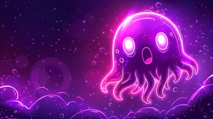  Jellyfish with glowing eyes and radiating body in a pool of glowing water against a dark backdrop