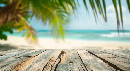 Wide wooden bar on a tabletop on a blurred beautiful background of a beach scene, palm leaf. Product display mockup Resort wooden board with natural seascape view