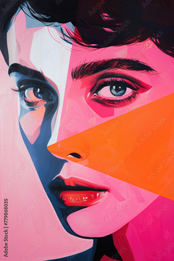 Poster a vibrant painting depicting a womans face with various colors and shades, creating a unique and exp