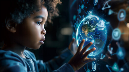 Naklejka premium Young Child Engaged with Interactive Digital Globe Technology