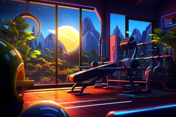 Galactic Gym: Neon Glow Illuminates Late Night Workout in Cosmic Ambiance - obrazy, fototapety, plakaty