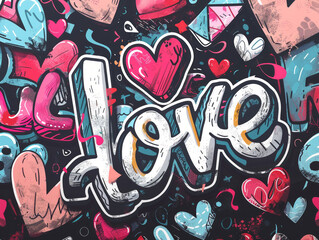 Adesivo pop art in grassetto con la parola "love" in caratteri vivaci, con colori rossi e bianchi.