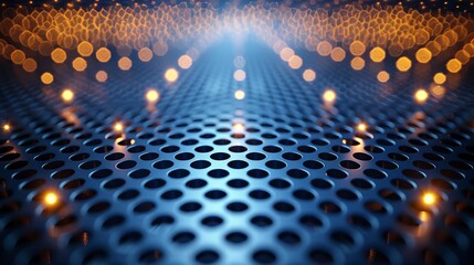 A perforated dark blue metal sheet with blue glowing lines for a modern technology innovation concept background. An abstract blue mesh background with blue glowing lines with free space for design.