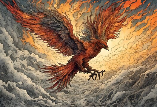 A majestic phoenix soars above swirling smoke clouds, trailed by flames that flicker behind, embodying the essence of rebirth and resilience in this beautiful illustration.