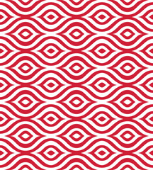Red and white horizontal wavy stripes with concentric drop-shaped decorative elements. Geometric retro style. Seamless repeating pattern. Vector illustration.