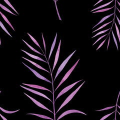 Tropical lilac leaves on a black background, seamless pattern,hand-drawn floral pattern pattern. Background for design, decoration, fabric, wallpaper, wrapping paper, holiday. 