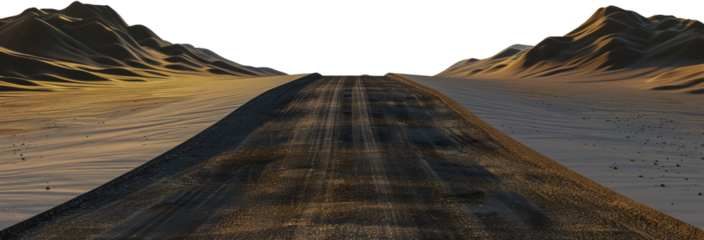 Desert road cutting through sand dunes cut out on transparent background