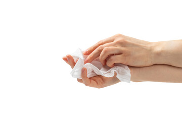 Pack of wet wipes in hands isolated on white background. An open pack of hand and body wipes. Mockup. A clean packet of wet wipes. Design. Place for text. Copy space.