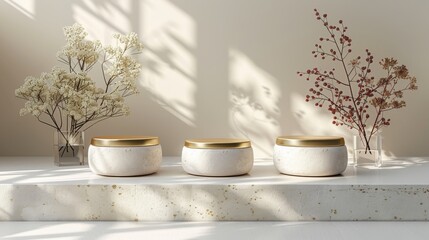 It is an elegant cream podium with a gold line on the back, for displaying cosmetic products. It could be a stage or a podium. Modern illustration.