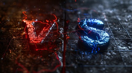 Letter VS for a two-team match. Logo concept for gaming and other competitions. Red and blue verse on black steel mesh background.