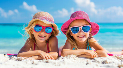 Bambine carine  sdraiate sulla sabbia che si godono il sole in riva al mare con cappellino alla moda e occhiali da sole , sorridenti, sfondo estivo al mare