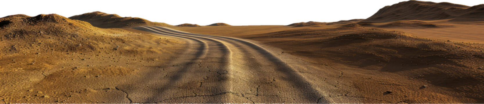 Desert road cutting through sand dunes cut out on transparent background