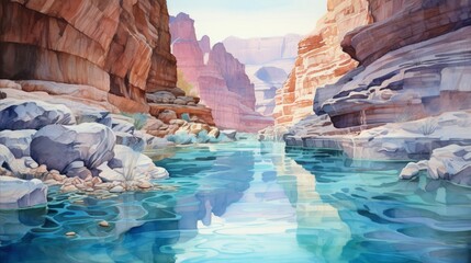 Otherworldly canyon with crystal river, watercolor, dusk, high angle - obrazy, fototapety, plakaty