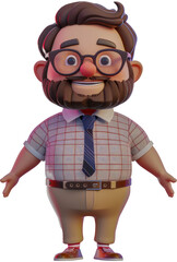 Fototapeta premium 3D animated teacher character with glasses and a red tie isolated cut out on transparent background