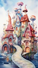 A whimsical village with houses shaped like giant mushrooms and whimsical inhabitants