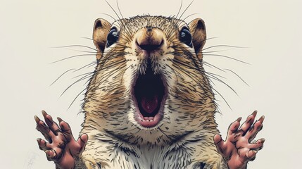  A close-up of a rodent with its mouth widely opened