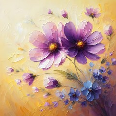 Oil painting of twin purple flowers, warm palette on light yellow, exuding elegance and warmth—ideal for decor and art.