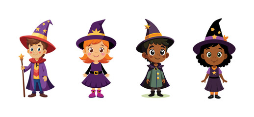 Enchanted kids in magical witch and wizard costumes, vector cartoon illustration.