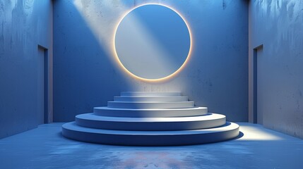Stage or podium with multiple tiers of white and elegant blue lines and a glowing white circular line for cosmetic product presentations. Modern illustration.
