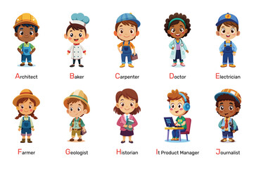 Fototapeta premium Children as Professionals, vibrant vector cartoon illustration. Kids dressed as Architect, Baker, and Carpenter, playful educational artwork. Alphabet part 1.