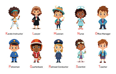 Children as Professionals, lively vector cartoon illustration. Animated Kids portraying Doctor, Electrician, and Farmer roles. Alphabet part 2.