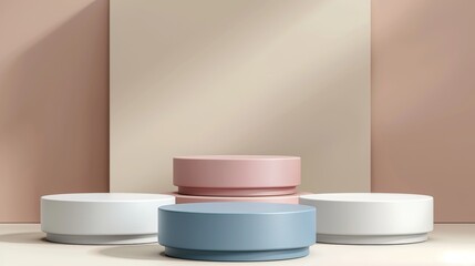A set of three white, blue, and brown podiums for advertising cosmetic products. Stage or podium with advertisements. Modern illustration.