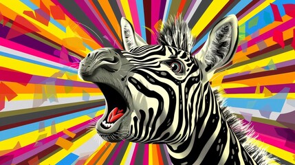 Fototapeta premium A zebra, mouth agape, faces a vibrant multicolored backdrop Behind it, a radiant burst of light emanates