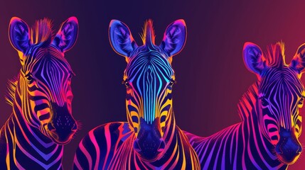 Fototapeta na wymiar A pair of zebras adjacent on a purple and pink backdrop, with a red and blue background overlapping in the distance