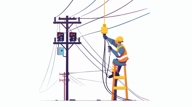 Electrician making repairs at a power pole. Vector illustration
