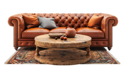 Elegant Leather Chesterfield Sofa with Decorative Pillows and Traditional Round Wooden Table, Luxury Decor transparent background