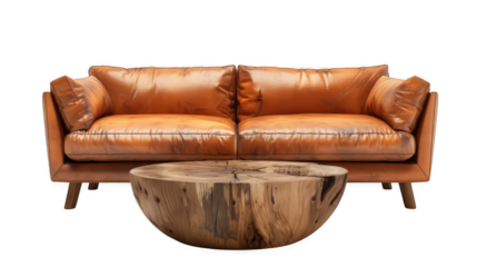 Stylish Orange Leather Couch with Wooden Legs and Round Coffee Table on Isolated Background transparent background