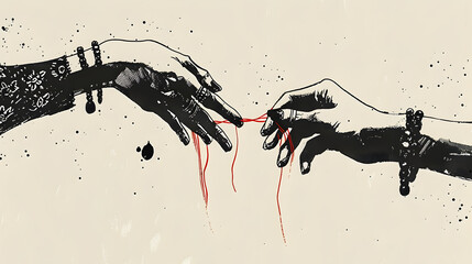 Two hands holding red string simple line drawing illustration