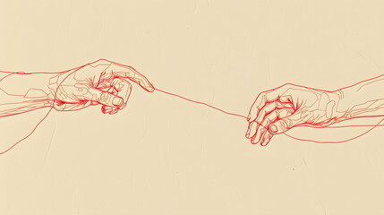 Two hands holding red string simple line drawing illustration