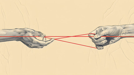 Two hands holding red string simple line drawing illustration p