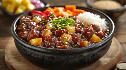   A tight shot of a wood table displaying a bowl filled with rice and vegetables Nearby, additional bowls of food rest on the table