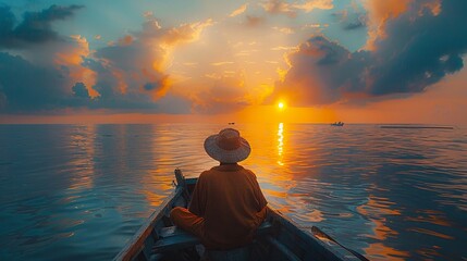 Traditional fisherman at sea at dawn, scenic, soft light, lifestyle, technology