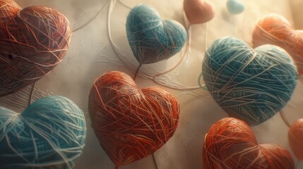   Arranged on a paper sheet, a collection of yarn balls forms heart shapes A heart-shaped string of yarn lies among them - obrazy, fototapety, plakaty