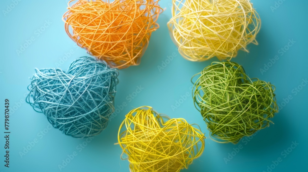Poster four balls of yarn forming a heart shape against a blue background with ample room for text inscript