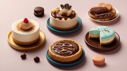 A collection of 9 cute isometric dessert icons featuring a chocolate chip cookie, a slice of cheesecake, a cup of gelato, a piece of pie

