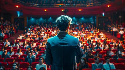 Man giving speech in front of backlit audience  Speaker and leadership concept