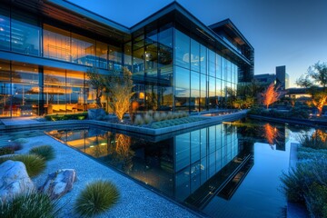 A building situated alongside a body of water, with its reflection visible on the calm surface