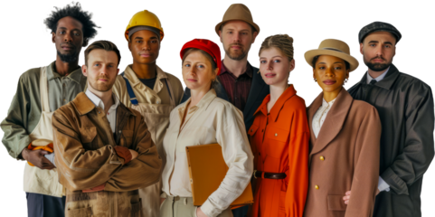 Diverse group of professionals in work attire cut out on transparent background