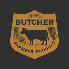 Hand drawing of Cow meat in retro engraving style. Butcher in graphic vintage style. Vector logo template.