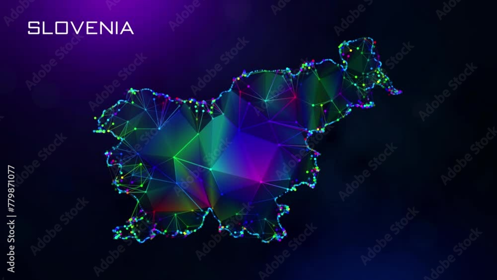 Poster futuristic motion reveal slovenia map polygonal blue purple colorful connected lines and dots networ