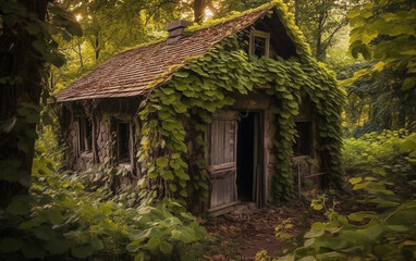 An old house in the middle of forest covered by vines