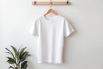 White t-shirt hanging on wooden hook