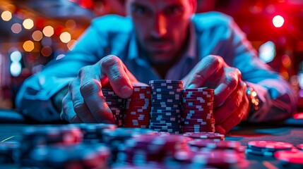 A dynamic image of a poker player confidently pushing their chips forward to make a bold bet in a casino tournament.