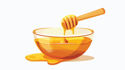Glass bowl full of honey with wooden dipper and honey